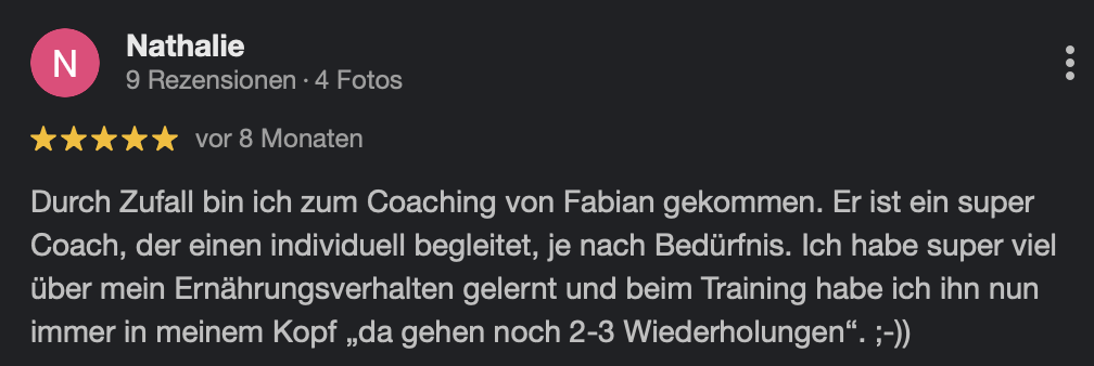 Google-Rezension mit fünf Sternen von Nathalie: individuelle Begleitung und viel über das eigene Ernährungsverhalten gelernt.